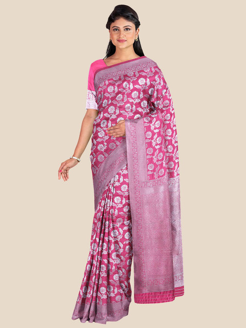 

Kalamandir Pink & Silver-Toned Floral Silk Blend Banarasi Saree
