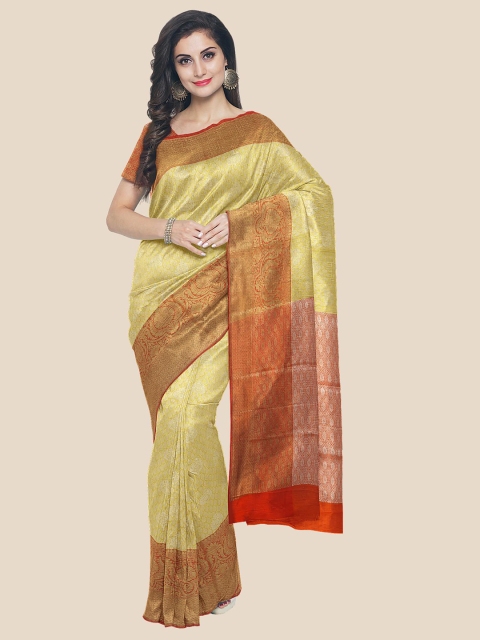 

Kalamandir Yellow & Orange Floral Silk Blend Banarasi Saree