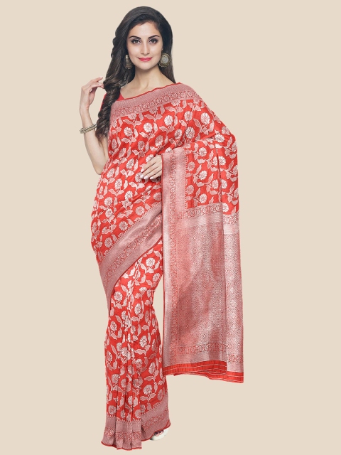

Kalamandir Red & White Floral Silk Blend Banarasi Saree