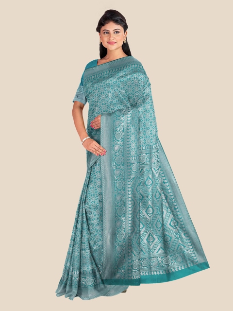 

Kalamandir Teal & Silver-Toned Floral Silk Blend Banarasi Saree