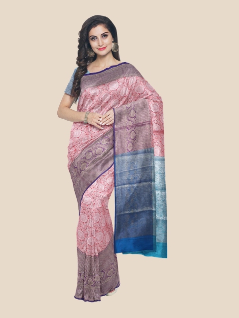 

Kalamandir Pink & Silver-Toned Floral Silk Blend Banarasi Saree