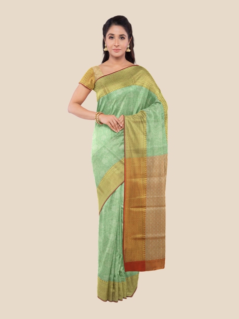 

Kalamandir Green & Gold-Toned Floral Silk Blend Banarasi Saree