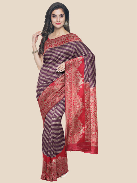 

Kalamandir Purple & Red Striped Silk Blend Banarasi Saree