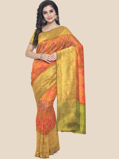 

Kalamandir Orange & Green Floral Silk Blend Banarasi Saree