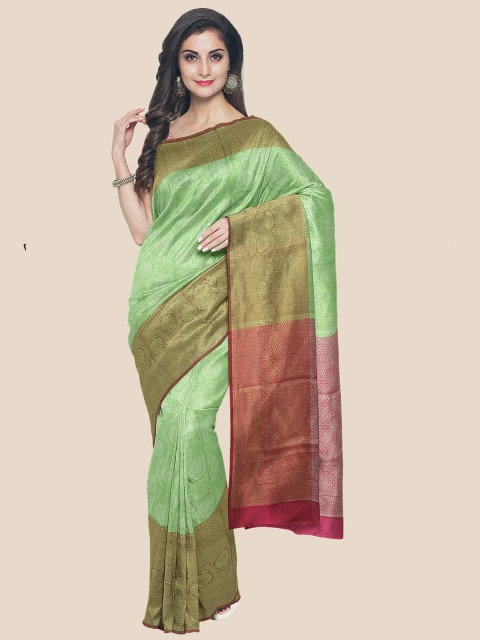 

Kalamandir Green & Brown Ethnic Motifs Silk Blend Banarasi Saree