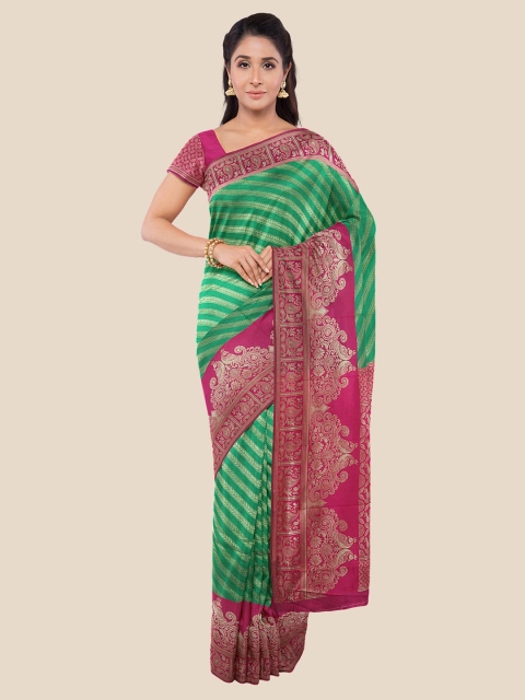 

Kalamandir Green & Fuchsia Striped Silk Blend Banarasi Saree