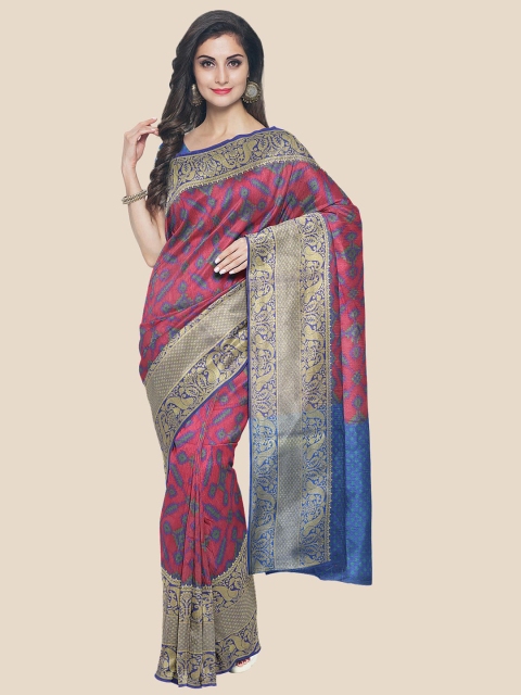 

Kalamandir Pink & Blue Floral Banarasi Saree