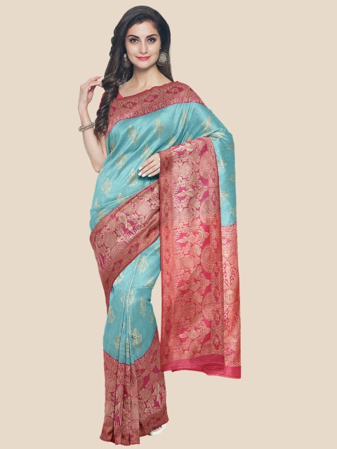 

Kalamandir Turquoise Blue & Pink Woven Design Zari Silk Blend Banarasi Saree