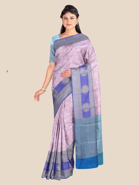 

Kalamandir Pink & Blue Ethnic Motifs Printed Silk Blend Banarasi Saree