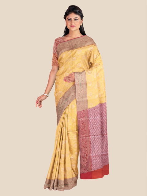 

Kalamandir Yellow & Pink Ethnic Motifs Silk Blend Banarasi Saree