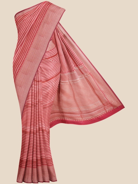 

Kalamandir Pink & Silver-Toned Striped Silk Blend Banarasi Saree