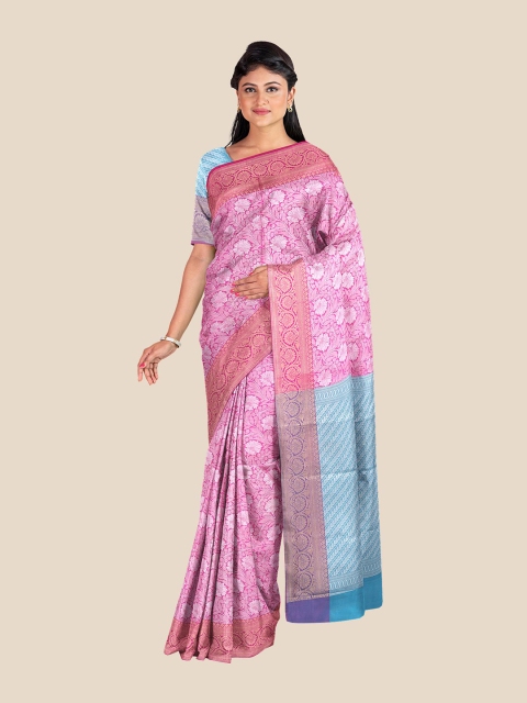 

Kalamandir Pink & Turquoise Blue Floral Silk Blend Banarasi Saree