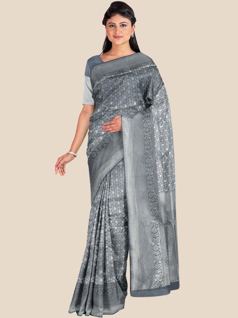 

Kalamandir Grey & Silver-Toned Paisley Silk Blend Banarasi Saree