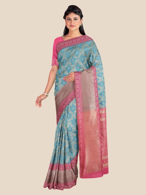 

Kalamandir Turquoise Blue & Pink Ethnic Motifs Zari Silk Blend Banarasi Saree
