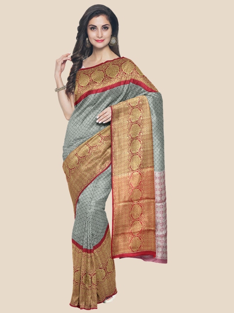 

Kalamandir Grey & Red Ethnic Motifs Silk Blend Banarasi Saree