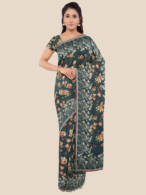 

Kalamandir Navy Blue & Pink Floral Printed Silk Blend Saree