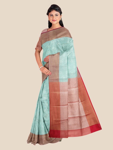

Kalamandir Turquoise Blue & Red Floral Zari Silk Blend Banarasi Saree