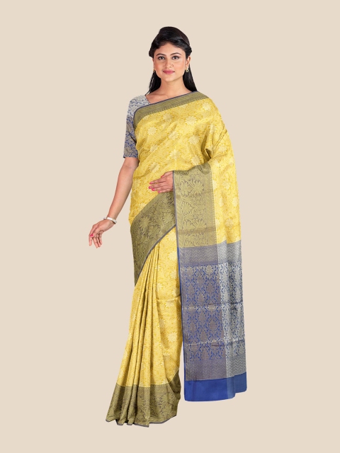 

Kalamandir Yellow & Blue Floral Zari Silk Blend Banarasi Saree