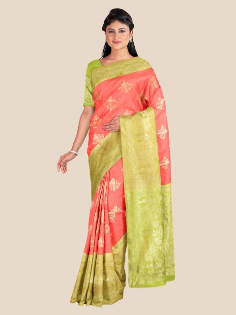 

Kalamandir Peach-Coloured & Green Woven Design Silk Blend Banarasi Saree