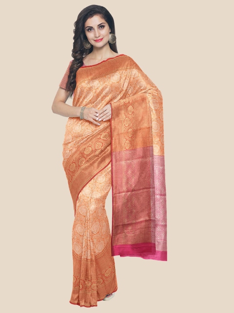 

Kalamandir Orange & Pink Floral Zari Silk Blend Banarasi Saree