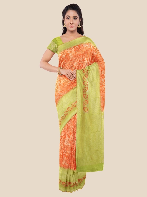 

Kalamandir Orange & Green Floral Silk Blend Banarasi Saree