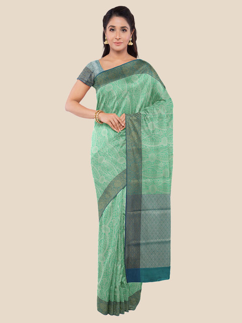 

Kalamandir Sea Green & Grey Floral Silk Blend Banarasi Saree