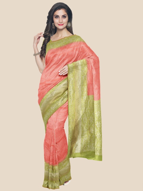 

Kalamandir Peach-Coloured & Green Checked Silk Blend Banarasi Saree