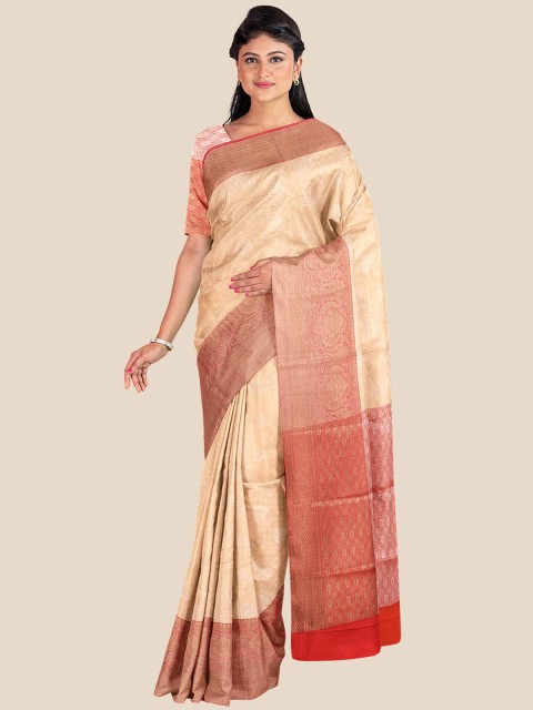

Kalamandir Orange & Brown Floral Silk Blend Banarasi Saree