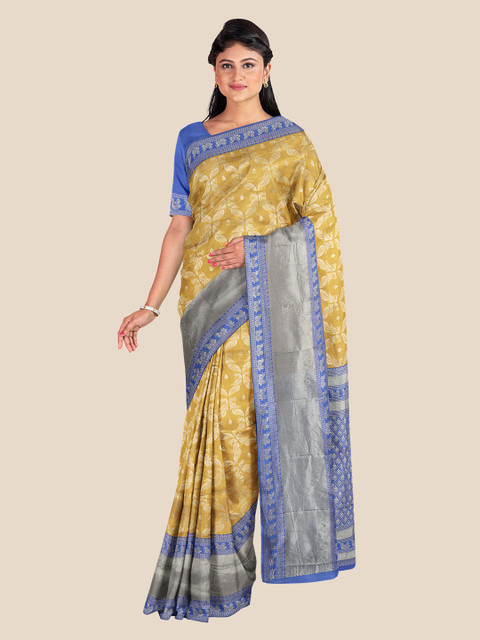 

Kalamandir Mustard & Blue Zari Silk Blend Banarasi Saree