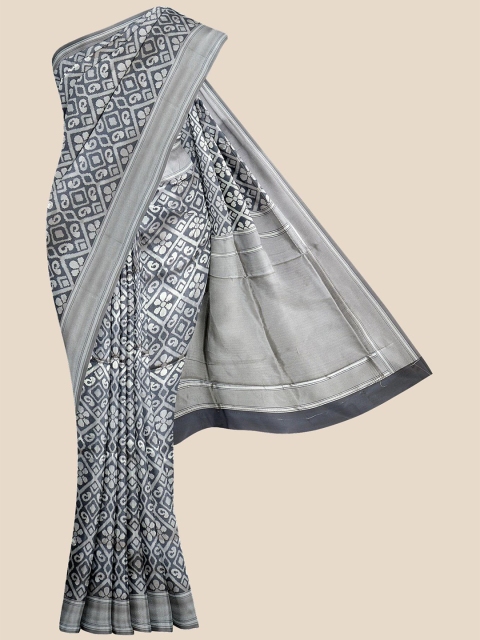 

Kalamandir Grey & White Floral Silk Blend Banarasi Saree
