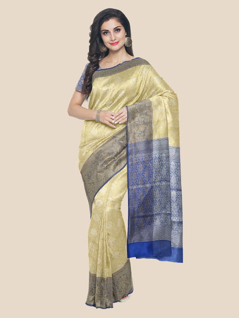 

Kalamandir Yellow & Blue Floral Zari Silk Blend Banarasi Saree