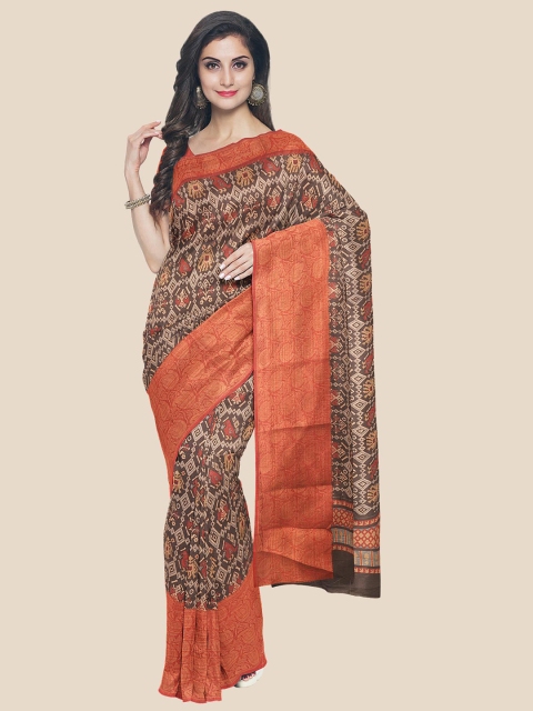 

Kalamandir Brown & Red Floral Silk Blend Banarasi Saree