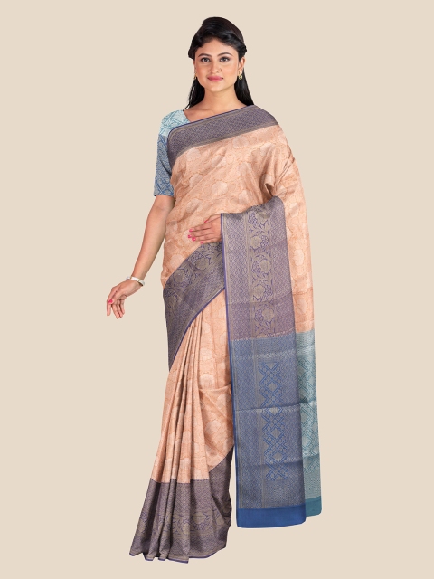 

Kalamandir Peach-Coloured & Blue Floral Silk Blend Banarasi Saree