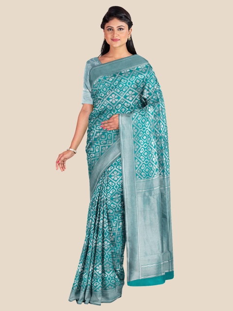 

Kalamandir Teal & Silver-Toned Floral Silk Blend Banarasi Saree