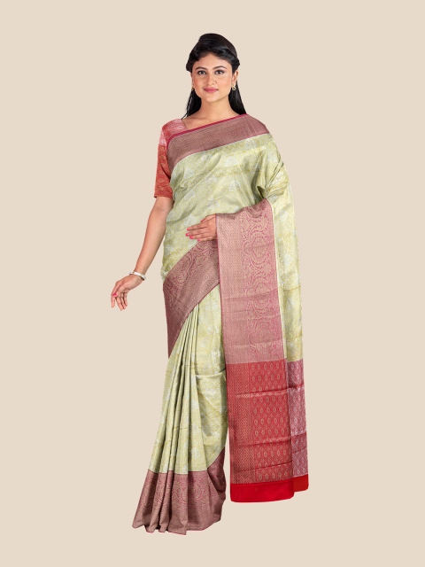 

Kalamandir Cream-Coloured & Red Floral Silk Blend Banarasi Saree