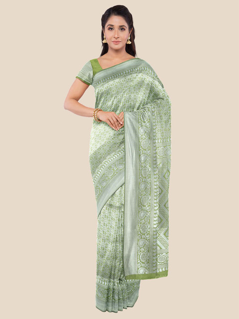 

Kalamandir Green & Silver-Toned Floral Zari Silk Blend Banarasi Saree