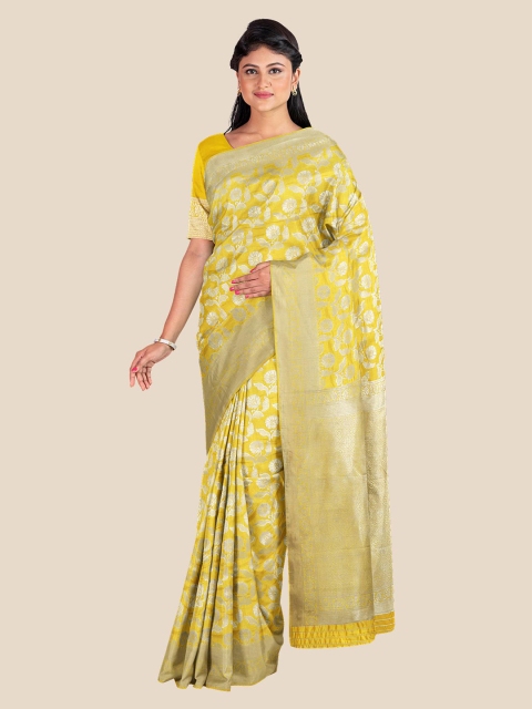 

Kalamandir Yellow & Silver-Toned Floral Silk Blend Banarasi Saree