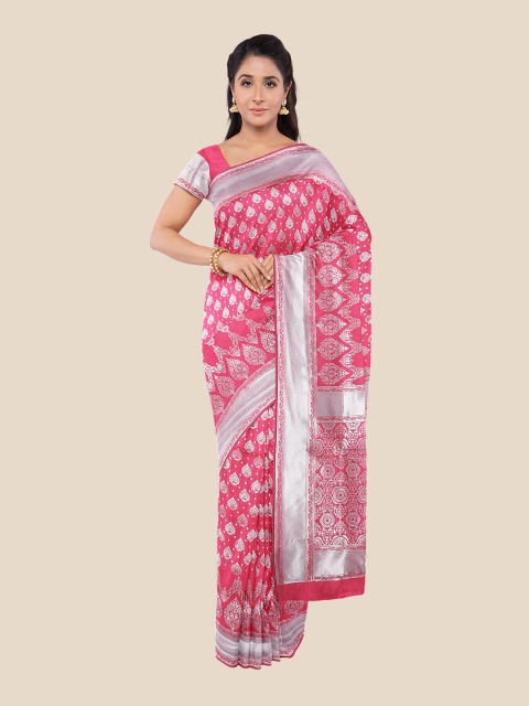 

Kalamandir Pink & Silver-Toned Floral Zari Silk Blend Banarasi Saree