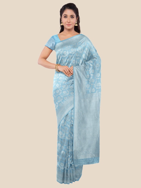 

Kalamandir Blue & Silver-Toned Floral Silk Blend Banarasi Saree