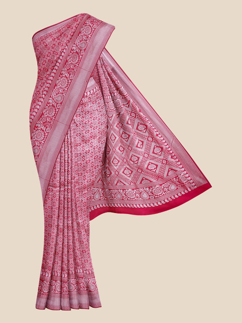 

Kalamandir Pink & Silver-Toned Floral Zari Silk Blend Banarasi Saree