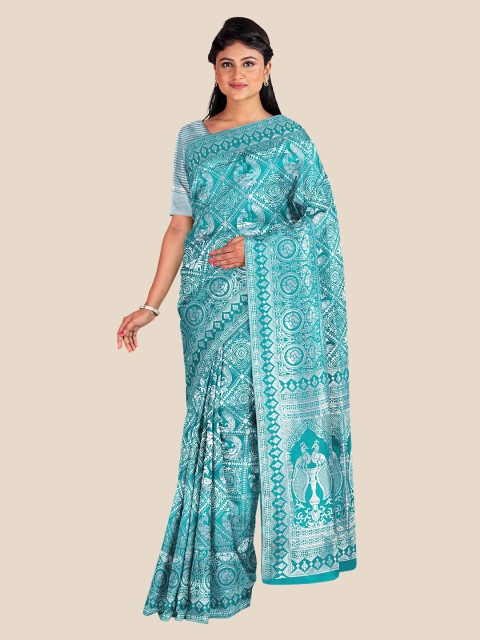 

Kalamandir Teal & Silver-Toned Floral Zari Silk Blend Banarasi Saree