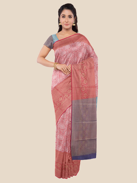 

Kalamandir Pink & Blue Floral Zari Silk Blend Banarasi Saree