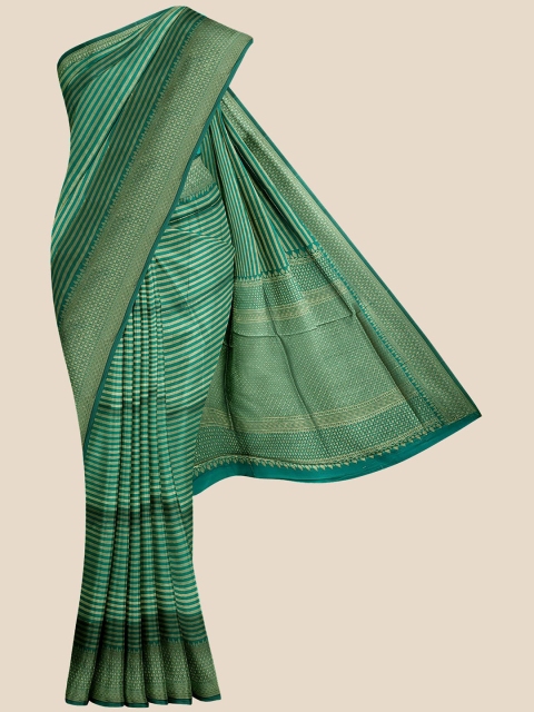 

Kalamandir Teal & Gold-Toned Striped Zari Silk Blend Banarasi Saree