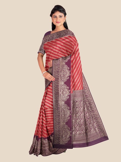 

Kalamandir Red & Brown Striped Silk Blend Banarasi Saree
