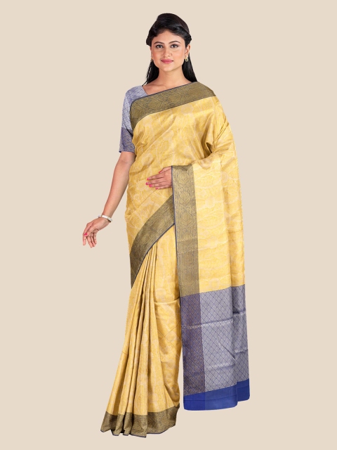 

Kalamandir Yellow & Blue Floral Zari Silk Blend Banarasi Saree