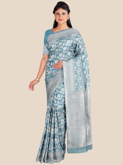 

Kalamandir Blue & Silver-Toned Woven Design Silk Blend Banarasi Saree