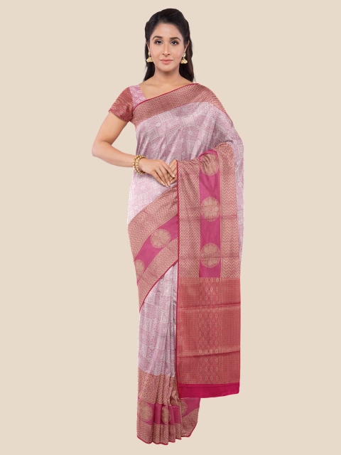 

Kalamandir Pink & Red Floral Zari Silk Blend Banarasi Saree