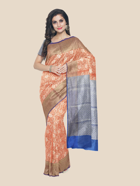 

Kalamandir Orange & Gold-Toned Floral Silk Blend Banarasi Saree