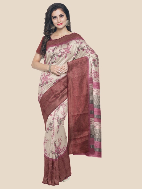 

Kalamandir Cream-Coloured & Pink Floral Silk Blend Banarasi Saree