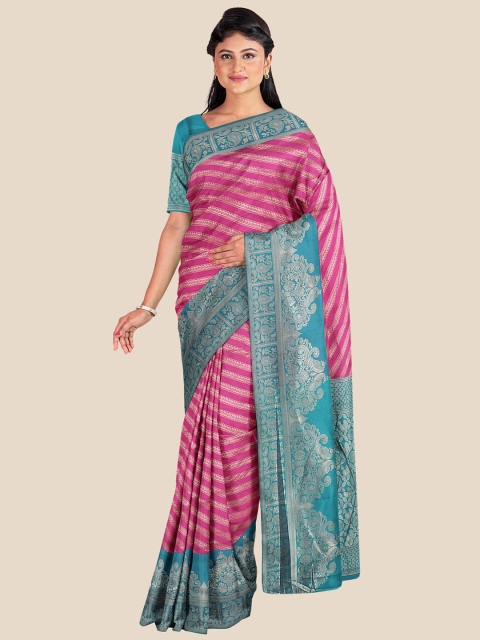 

Kalamandir Pink & Teal Striped Zari Silk Blend Banarasi Saree